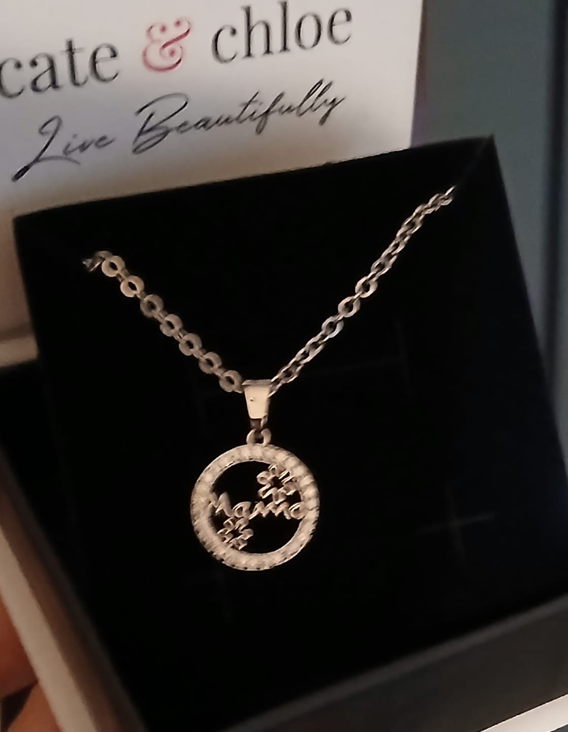 Customer photo review of Willa 18k White Gold Plated Circle Mama Necklace with Simulated Diamond Crystals
