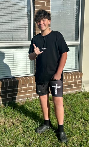 Customer photo review of John 3:16 Cross Performance Shorts