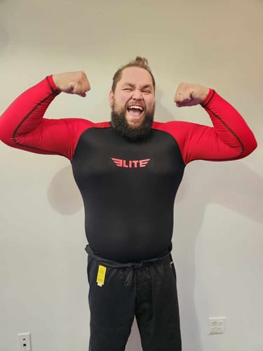 Customer photo review of Standard Red Long Sleeve No-Gi Mens BJJ Rash Guard