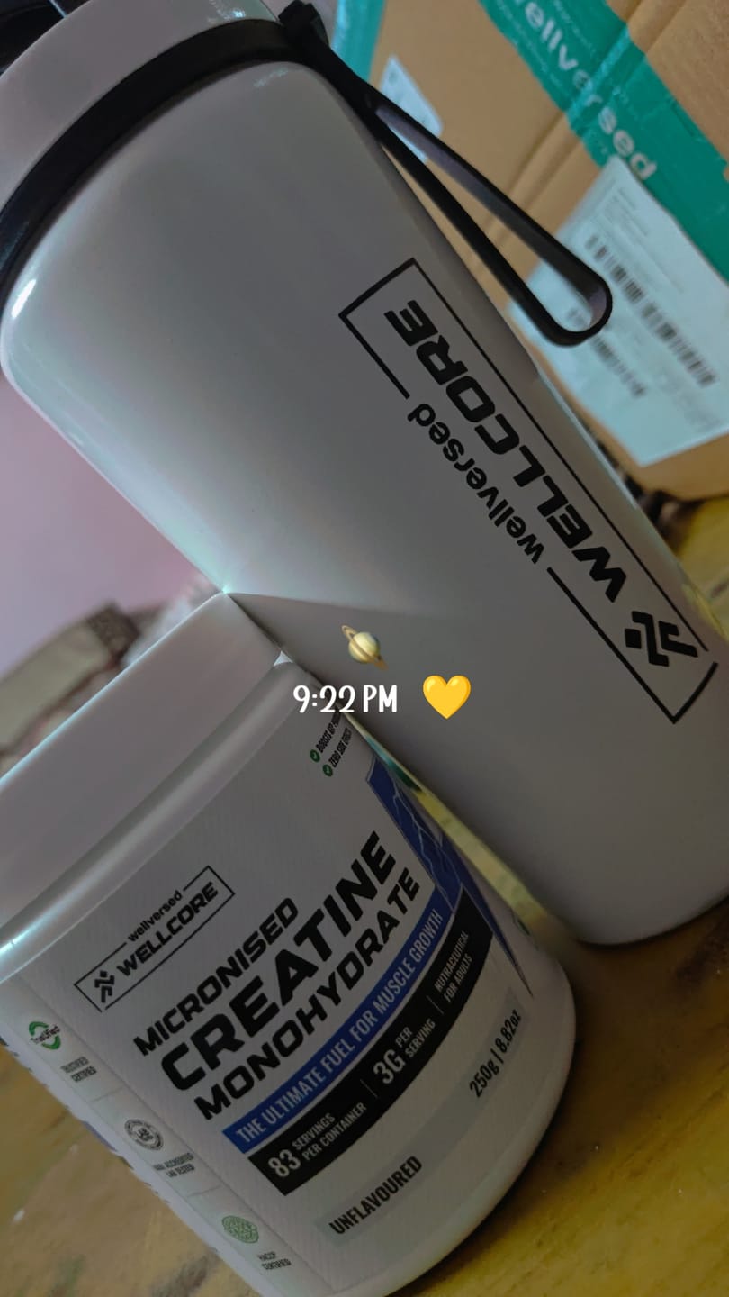 Customer photo review of Wellcore - Micronised Creatine Monohydrate (83 Servings, Unflavoured) + Premium Steel Shaker