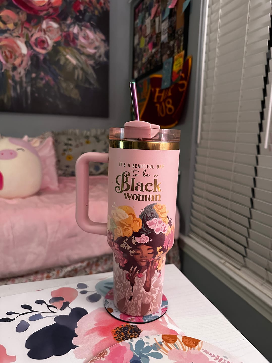 Customer photo review of Pink “Royalty Blossomed” 40oz Insulated Tumbler – "It’s a Beautiful Day to be a Black Woman"