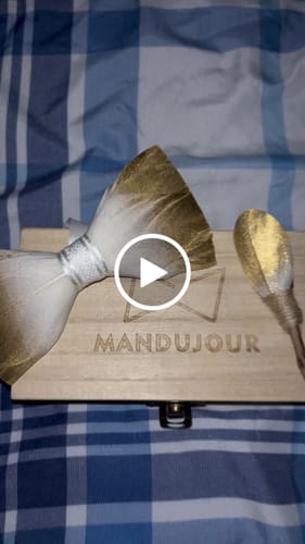 Customer video review of Gold & White Bird Feather Bow Tie and Lapel Pin Set - Handcrafted Accessory for Special Occasions