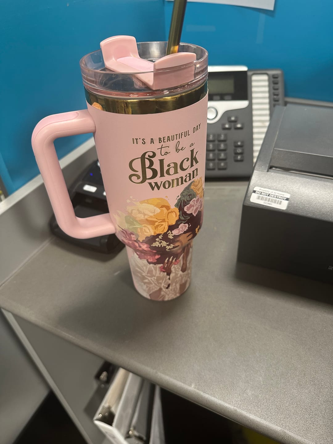Customer photo review of Pink “Royalty Blossomed” 40oz Insulated Tumbler – "It’s a Beautiful Day to be a Black Woman"
