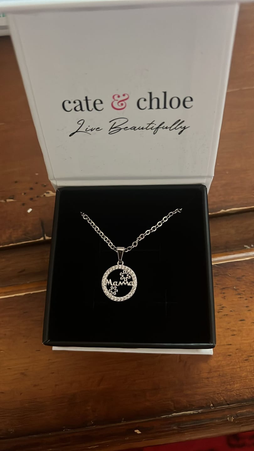 Customer photo review of Willa 18k White Gold Plated Circle Mama Necklace with Simulated Diamond Crystals