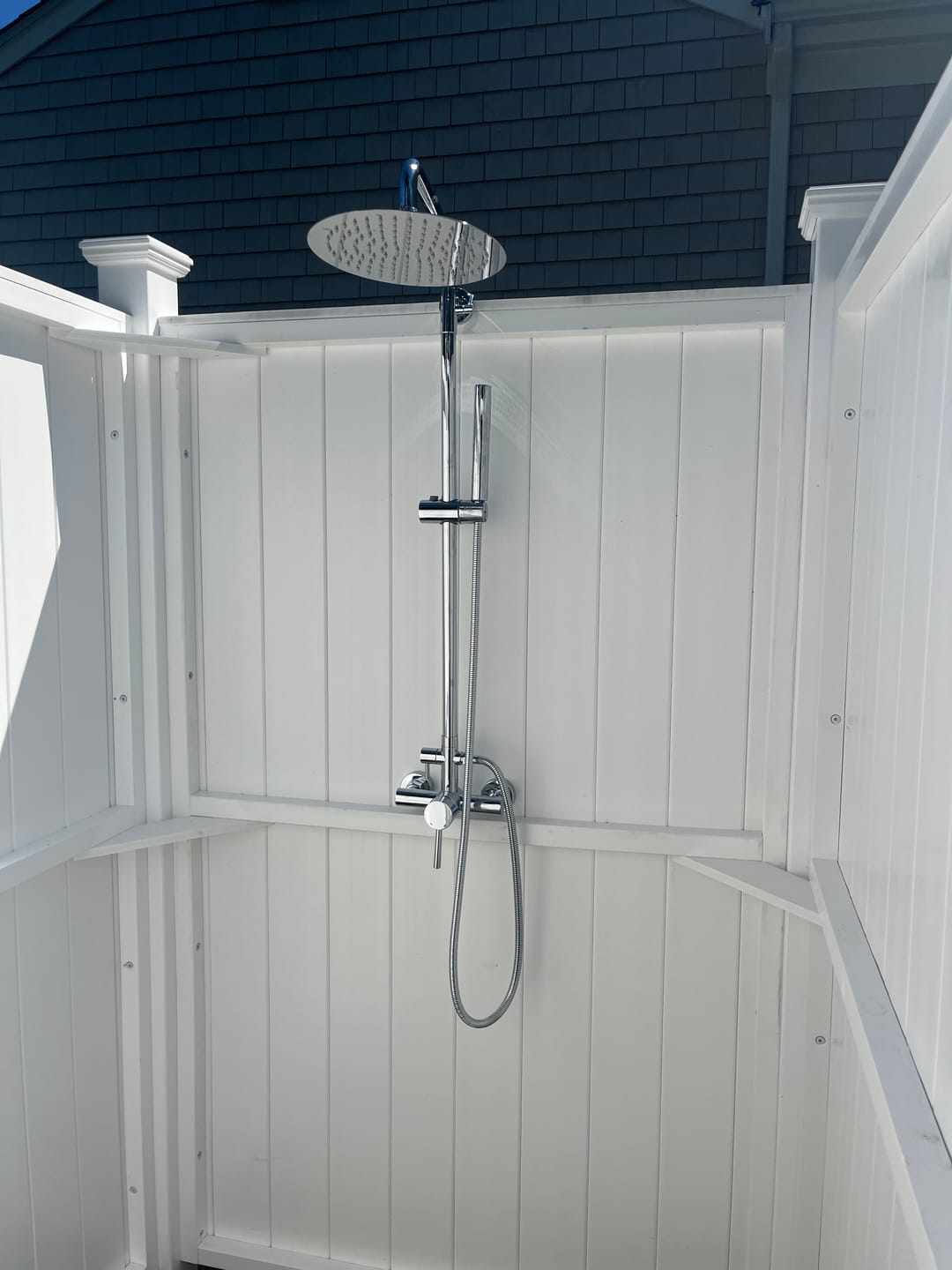 Customer photo review of Outdoor Shower Fixture with 304 Stainless Steel 10-Inch Rainfall Shower Head and Adjustable Slide Bar