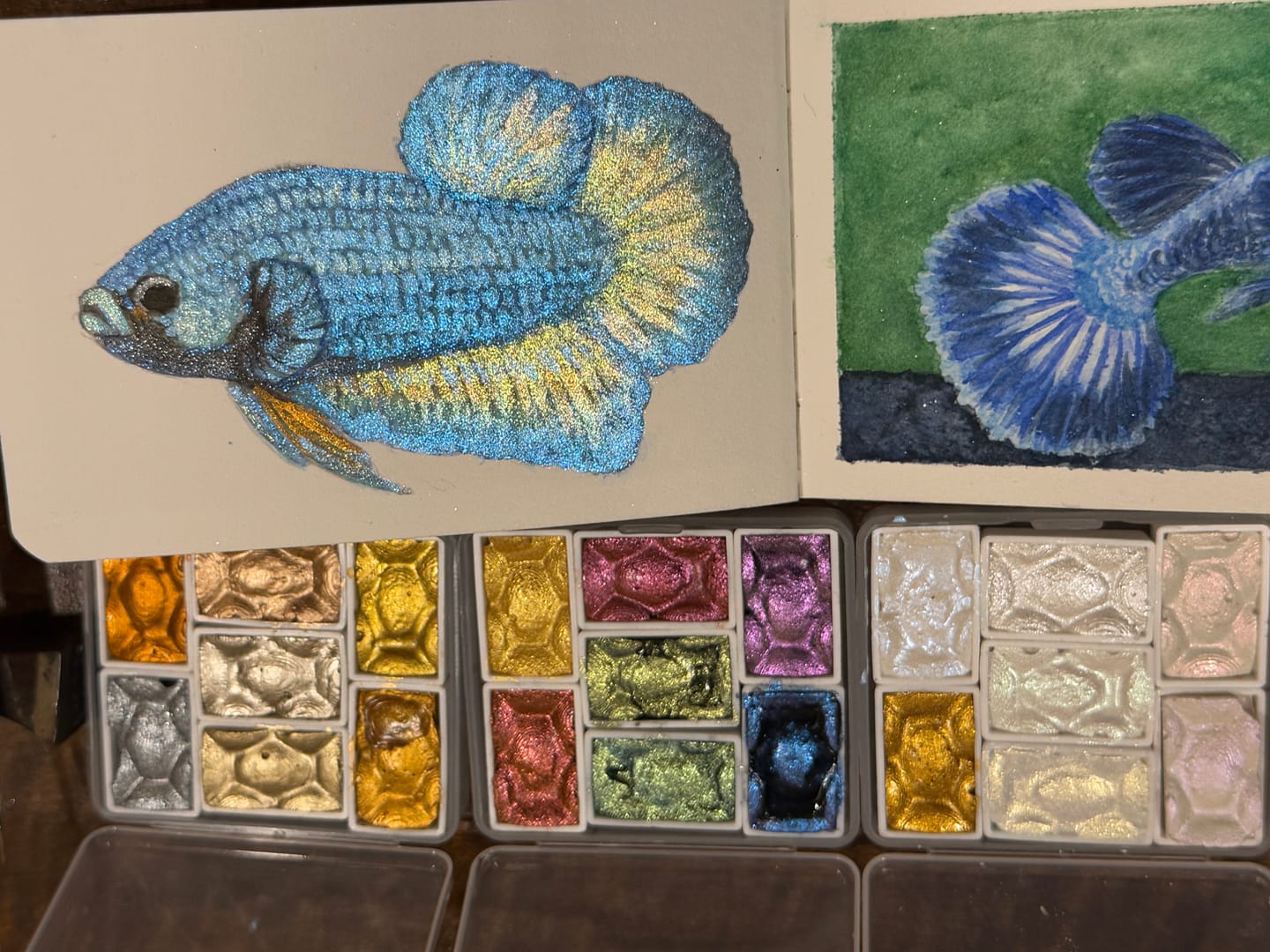 Customer photo review of Skrim Bombastico Box – 63‑Color Watercolor Bundle – 2‑Box Set (Metallic, Glitter, Color‑Shifting) ALL OUR WATERCOLORS INCLUDED