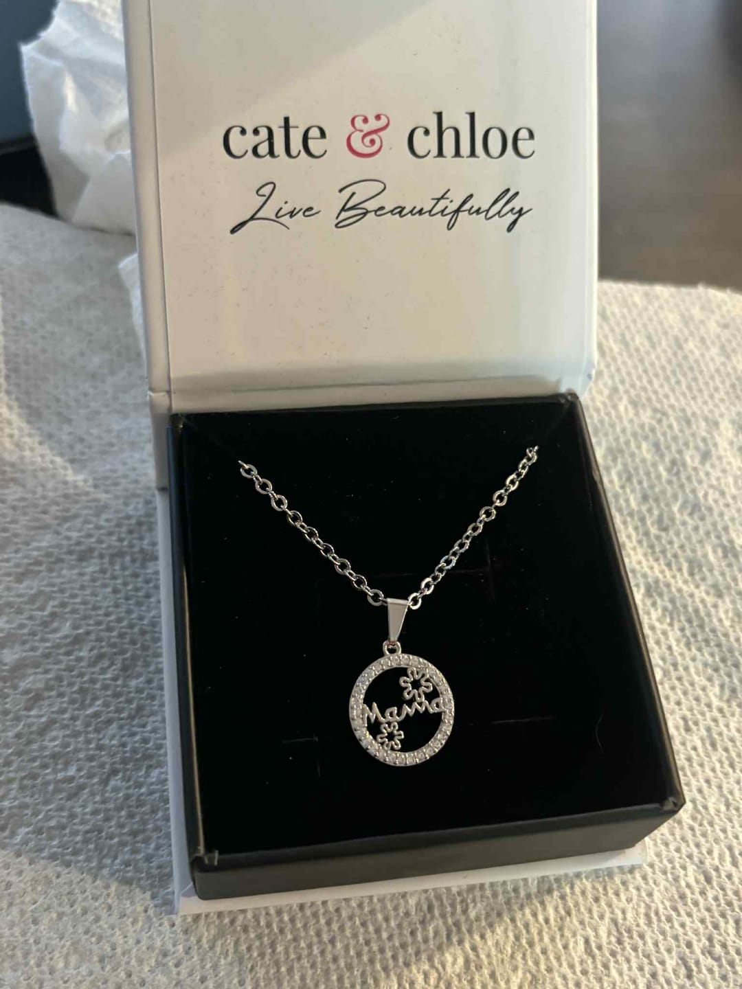 Customer photo review of Willa 18k White Gold Plated Circle Mama Necklace with Simulated Diamond Crystals