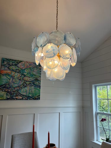 Customer photo review of Glam Blue Iridescent Swirl Glass Round Tiered Chandelier