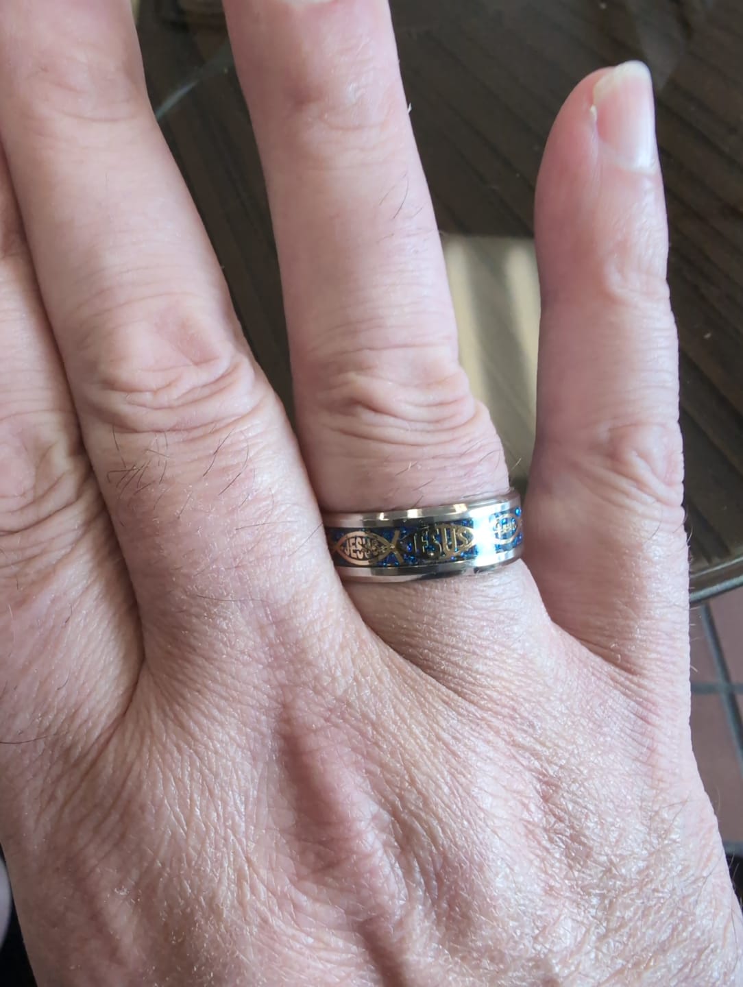 Customer photo review of Christianartworkshop Rustic Stainless Steel Ring: "Jesus" in Fish