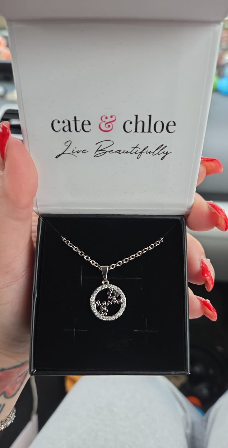 Customer photo review of Willa 18k White Gold Plated Circle Mama Necklace with Simulated Diamond Crystals