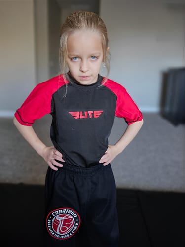 Customer photo review of Standard Red Short Sleeve No-Gi Kids BJJ Rash Guard