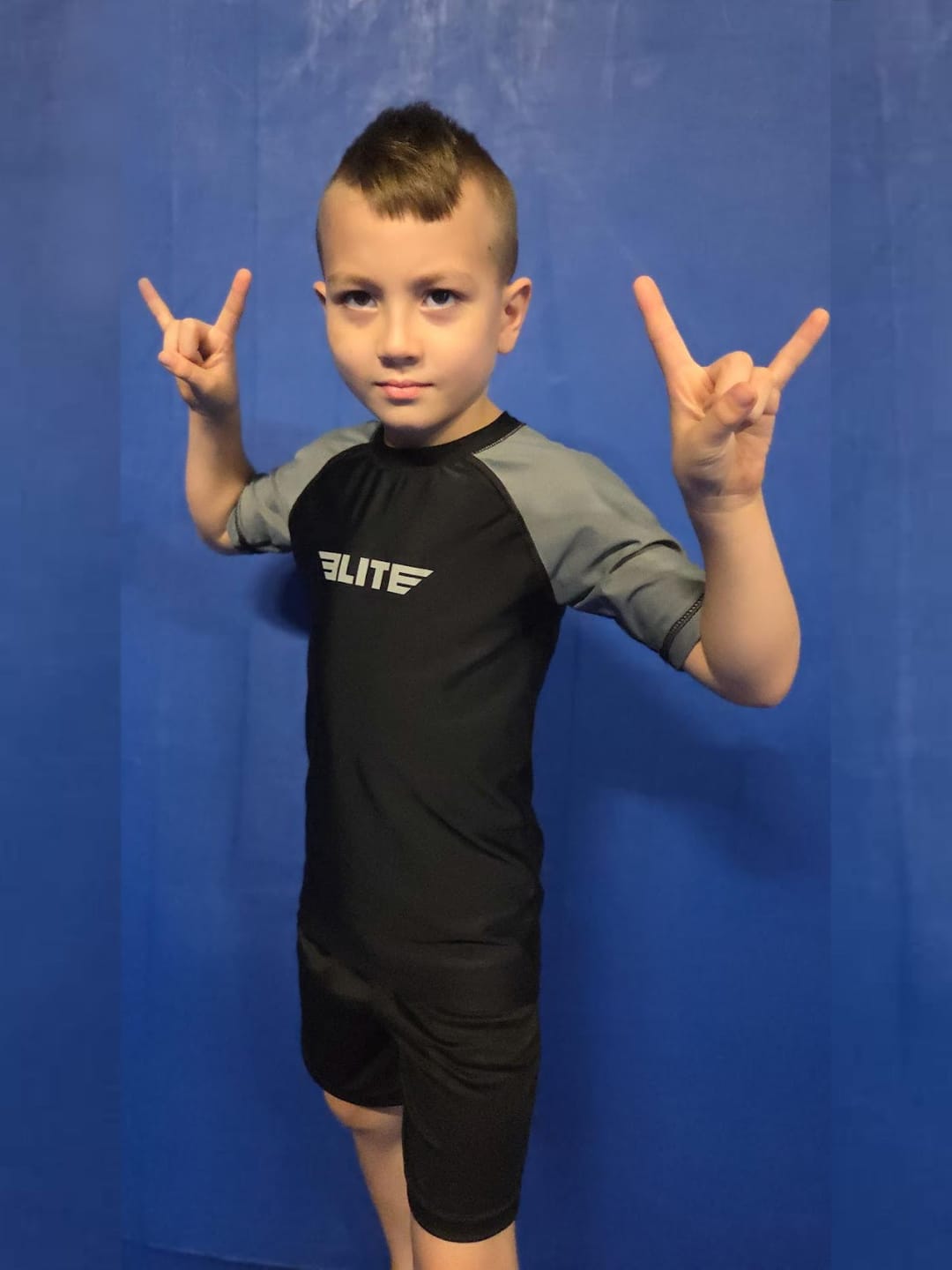 Customer photo review of Standard Gray Short Sleeve No-Gi Kids BJJ Rash Guard
