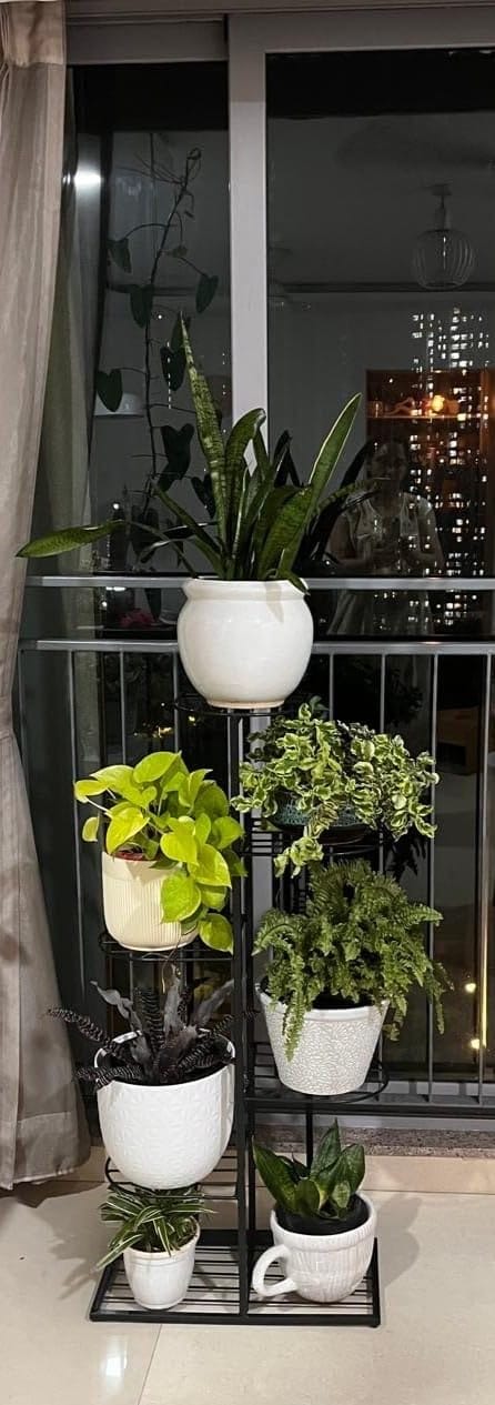 Customer photo review of 6-Tier Metal Plant Stand for 7 Pots – Indoor Outdoor Flower Shelf, Corner Planter Rack for Garden, Patio, Balcony & Living Room
