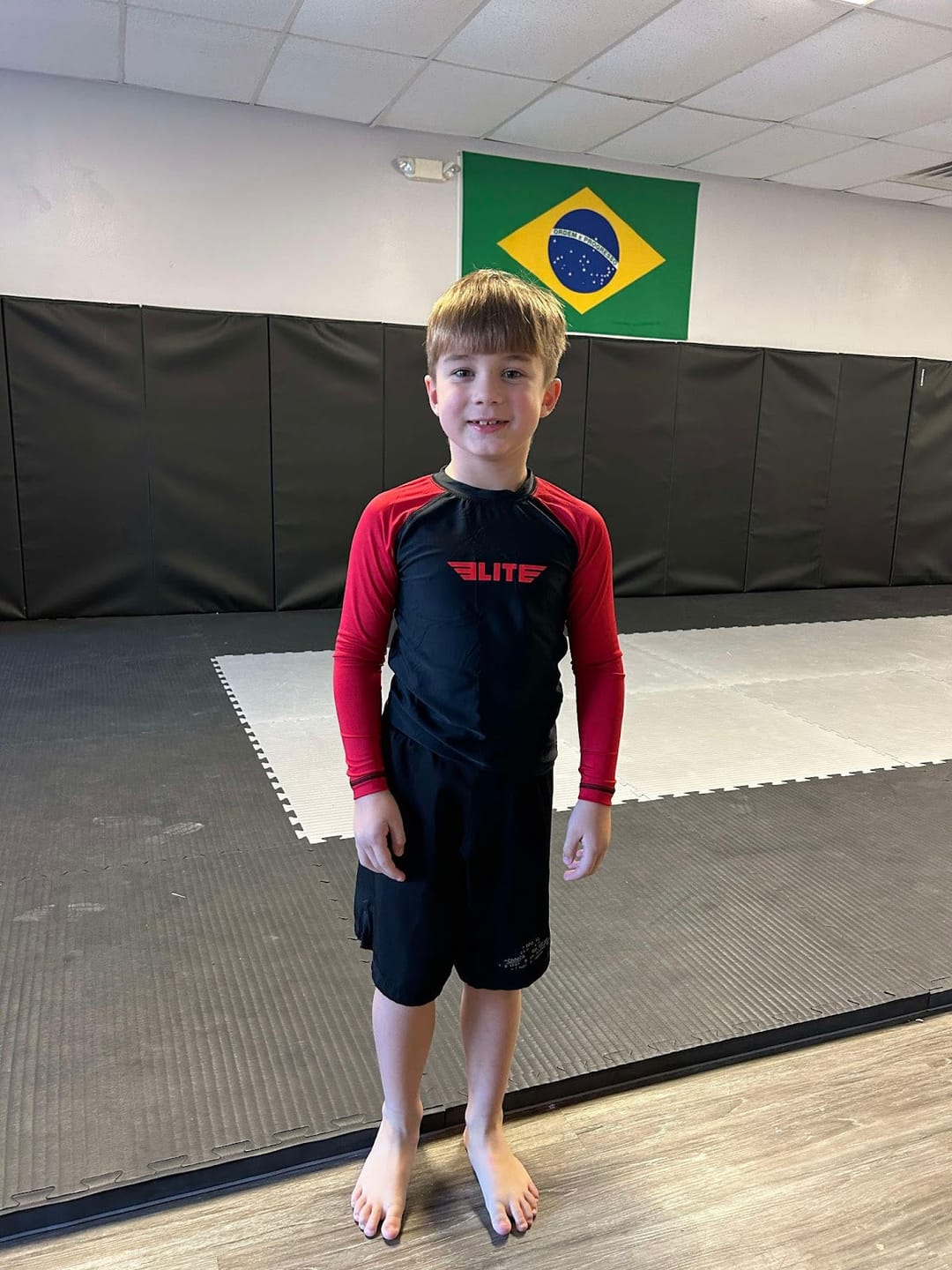 Customer photo review of Standard Red Long Sleeve No-Gi Kids BJJ Rash Guard