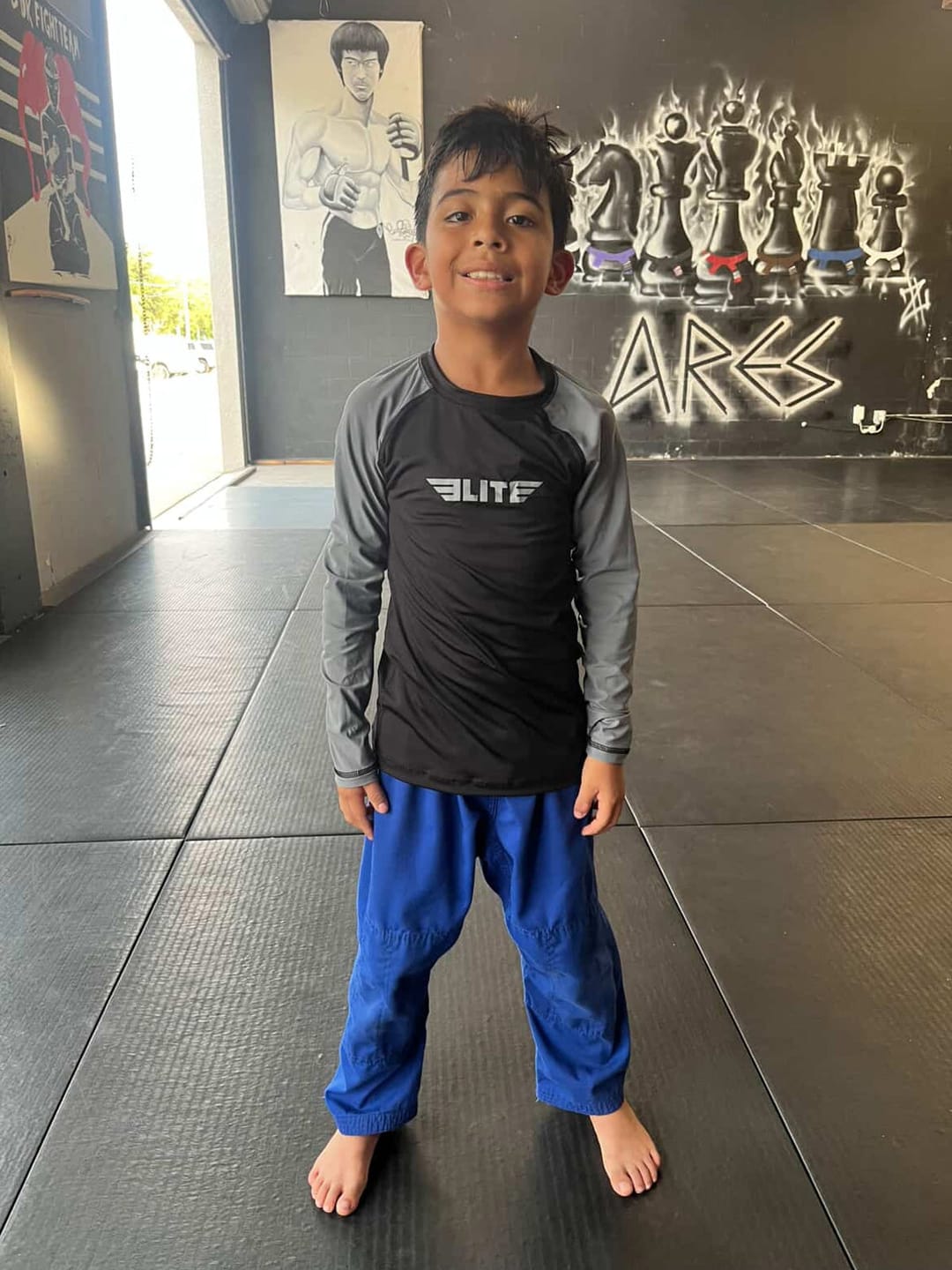 Customer photo review of Standard Gray Long Sleeve No-Gi Kids BJJ Rash Guard