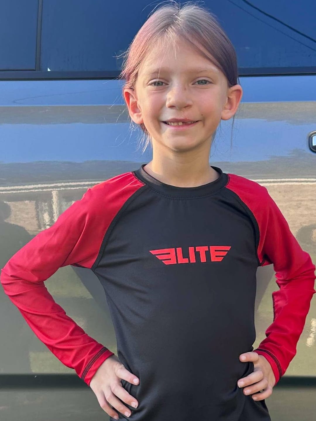 Customer photo review of Standard Red Long Sleeve No-Gi Kids BJJ Rash Guard