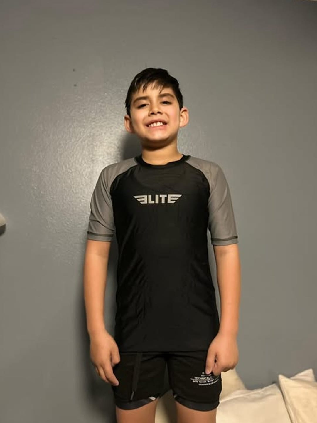 Customer photo review of Standard Gray Short Sleeve No-Gi Kids BJJ Rash Guard
