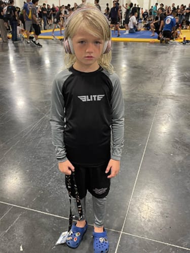 Customer photo review of Standard Gray Long Sleeve No-Gi Kids BJJ Rash Guard