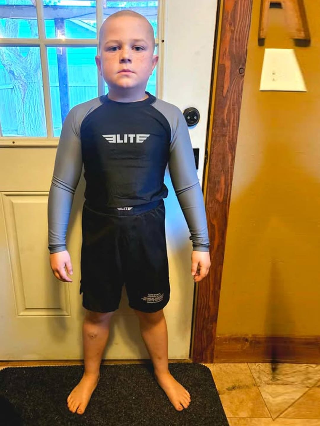 Customer photo review of Standard Gray Long Sleeve No-Gi Kids BJJ Rash Guard