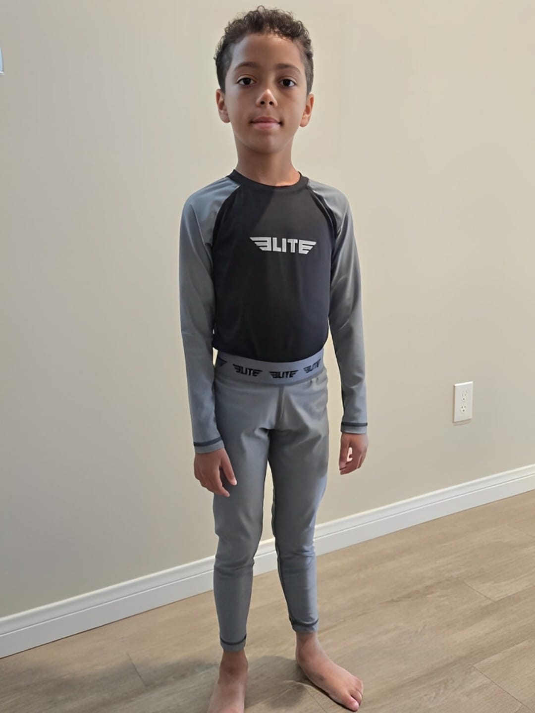Customer photo review of Standard Gray Long Sleeve No-Gi Kids BJJ Rash Guard