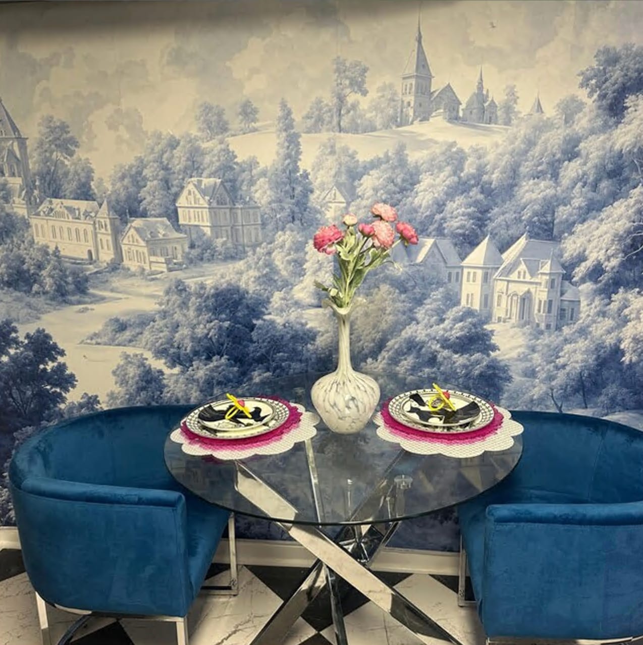 Customer photo review of Classic French Countryside Landscape Mural, Blue Monochrome Scenic Wallpaper, Peel and Stick Toile de Jouy Style Mural