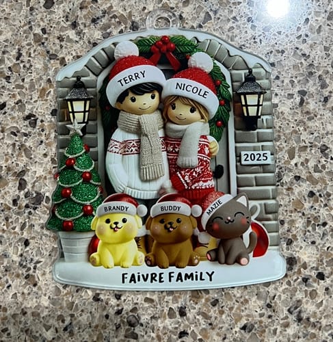 Customer photo review of Farmhouse Couple with Optional Pet Dog Cat - Personalized Acrylic Ornament - Gift for Him, Gift for Her