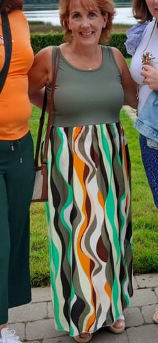 Customer photo review of Brittany Khaki Abstract Print Smock Dress