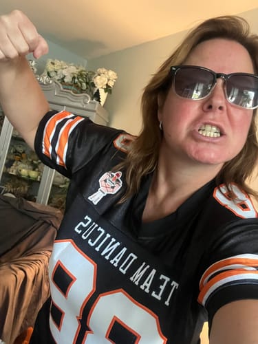 Customer photo review of Custom Black White-Orange Classic Style Mesh Authentic Football Jersey