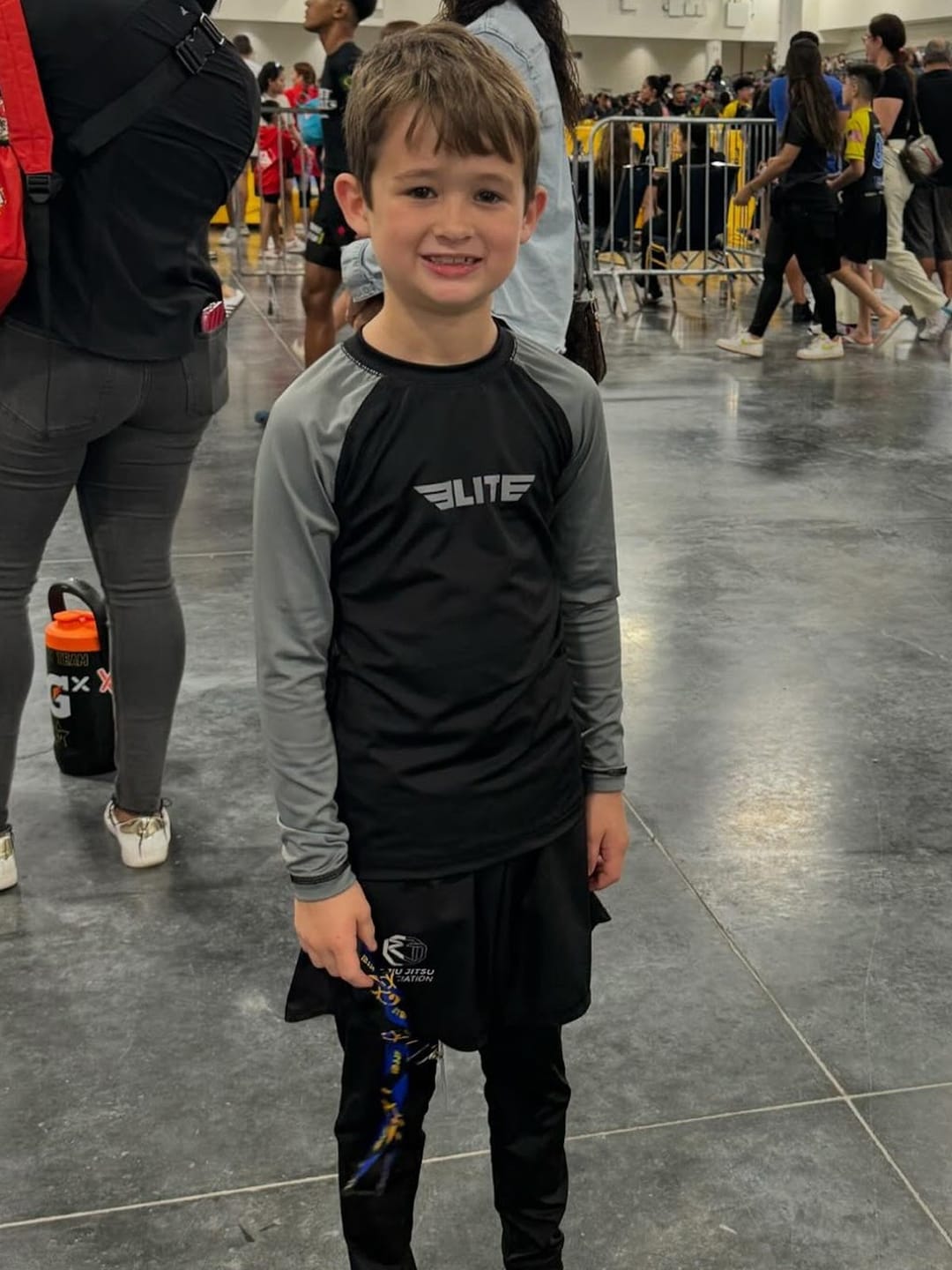Customer photo review of Standard Gray Long Sleeve No-Gi Kids BJJ Rash Guard