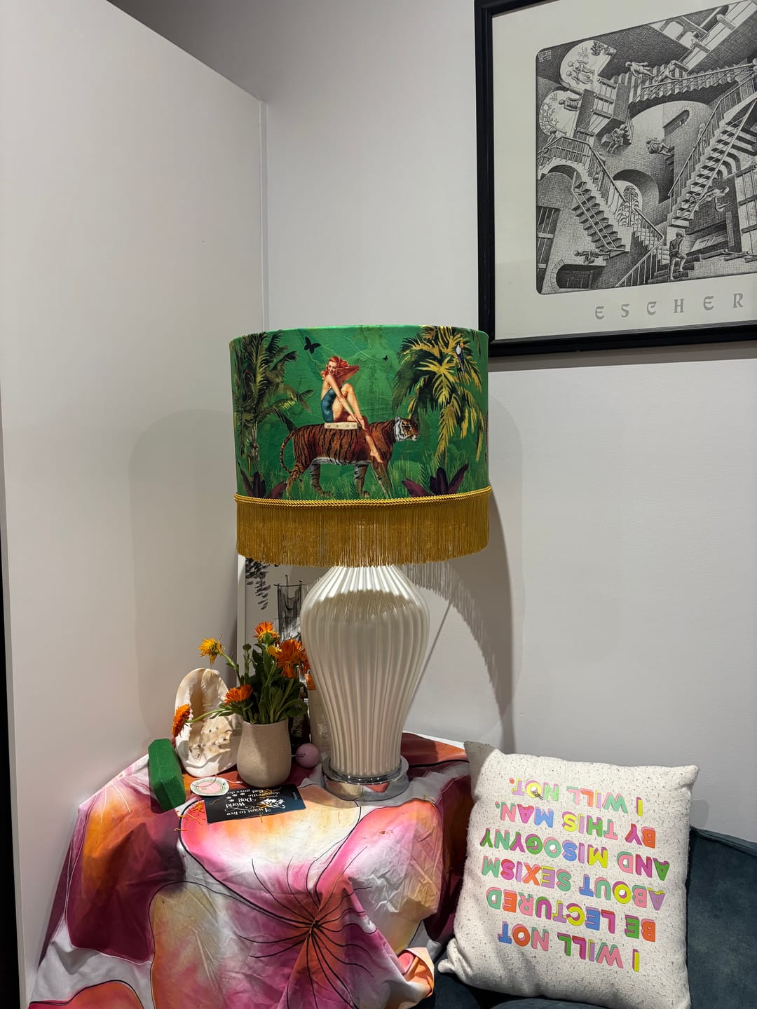 Customer photo review of Queen K Jungle Walk Green Tassel Fringed Drum Lampshade
