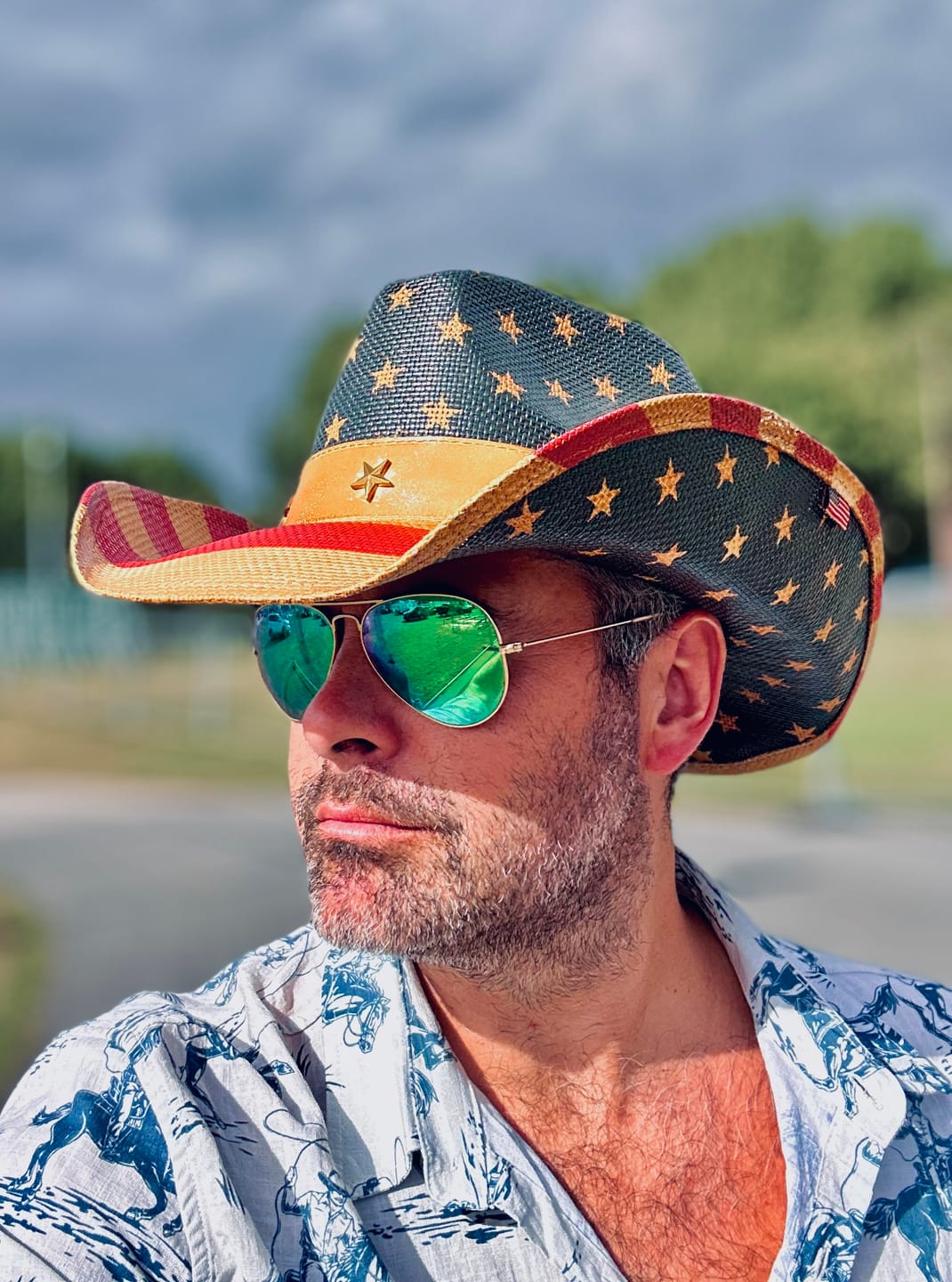 Customer photo review of Men's Horse Print Cowboy Button Up Holiday Short Sleeve Shirt