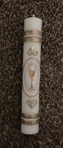 Customer photo review of First Communion Candle - Chalice & Host with Decal