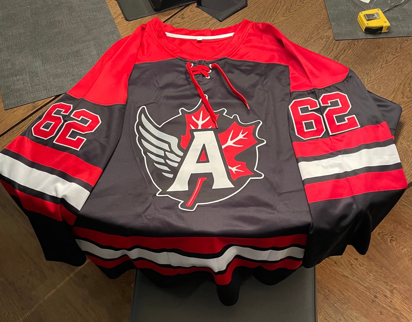 Customer photo review of Custom Black Red White Personalized Classic Lace-Up Neck Hockey Jersey