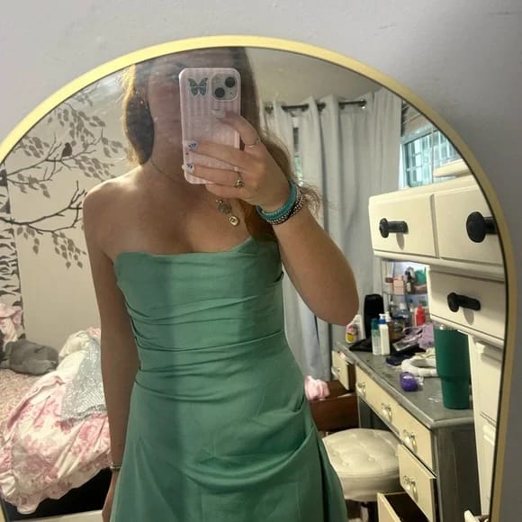 Customer photo review of Strapless Aqua Irregular Hem Sheath Short Dress