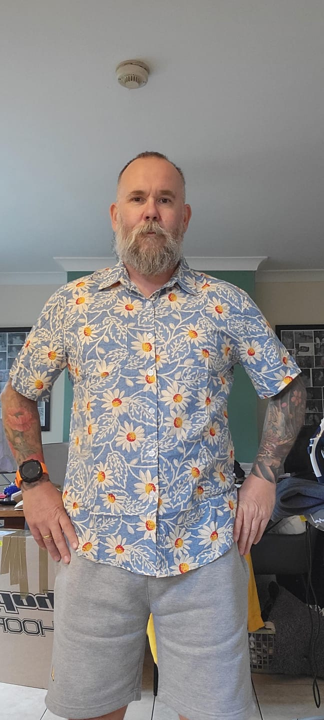 Customer photo review of Men's Retro Beach Hawaiian Cotton Holiday Button Up Blue Short Sleeve Floral Shirt