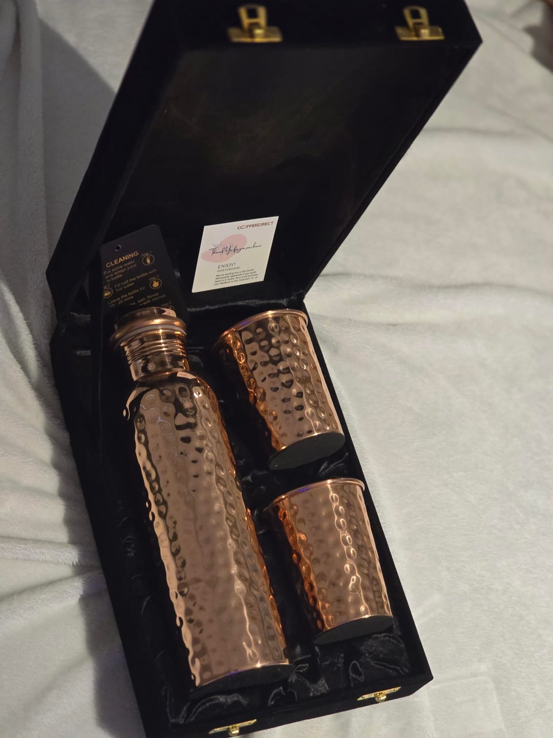 Customer photo review of Hammered Pure Copper Water Bottle / Tumblers - Gift Set
