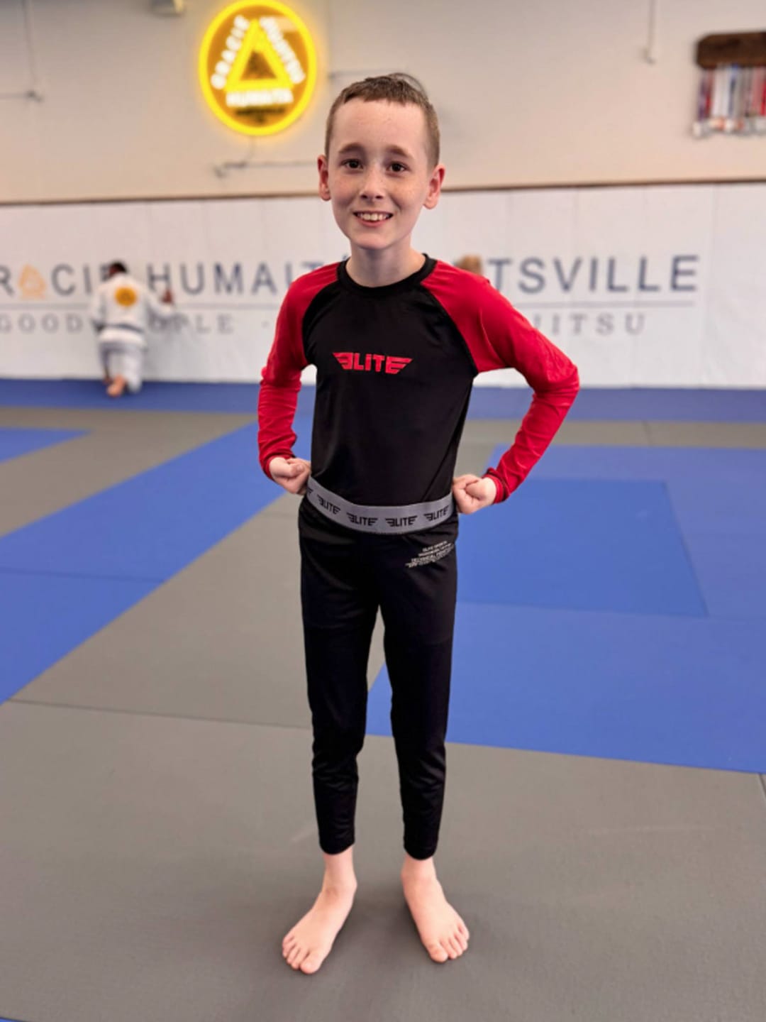 Customer photo review of Standard Red Long Sleeve No-Gi Kids BJJ Rash Guard