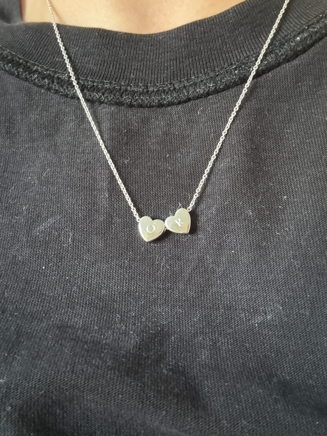 Customer photo review of Amo Heart Double Bead Necklace in Silver
