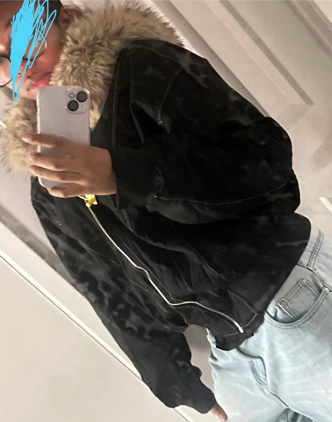 Customer photo review of Faux Fur Lined Zip Up Hooded Bomber Jacket