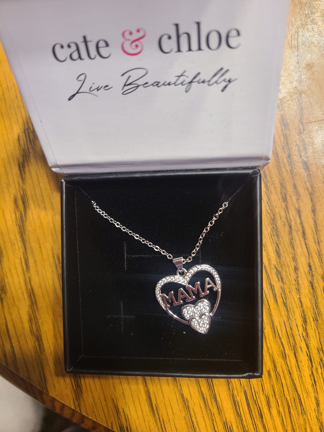 Customer photo review of Selena 18k White Gold Plated Mama Heart Pendant Necklace with Simulated Diamond Crystals