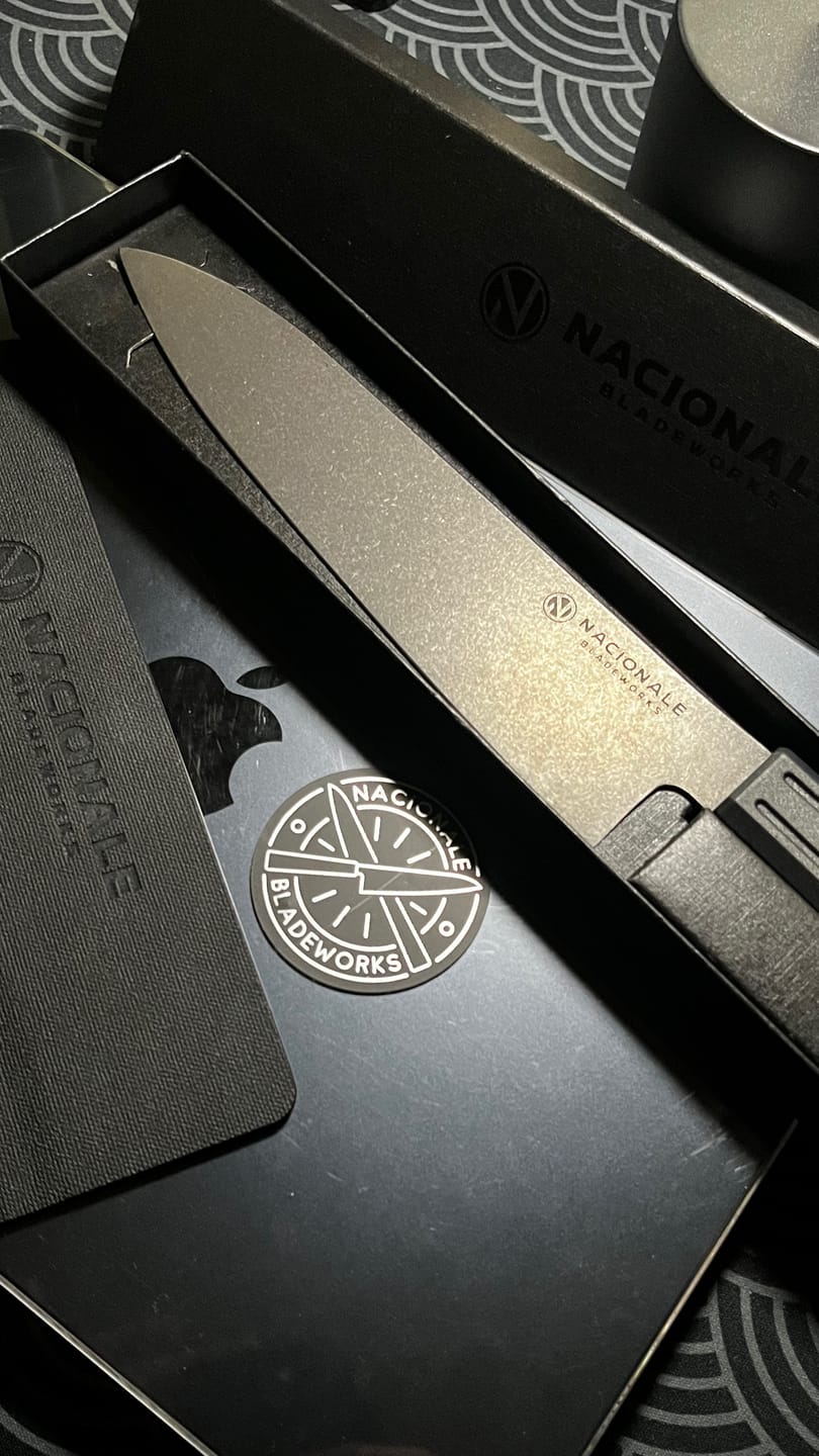 Customer photo review of 185mm Gyuto. Black Stonewashed AUS8. Black Recycled Plastic Skateboard Material Handle