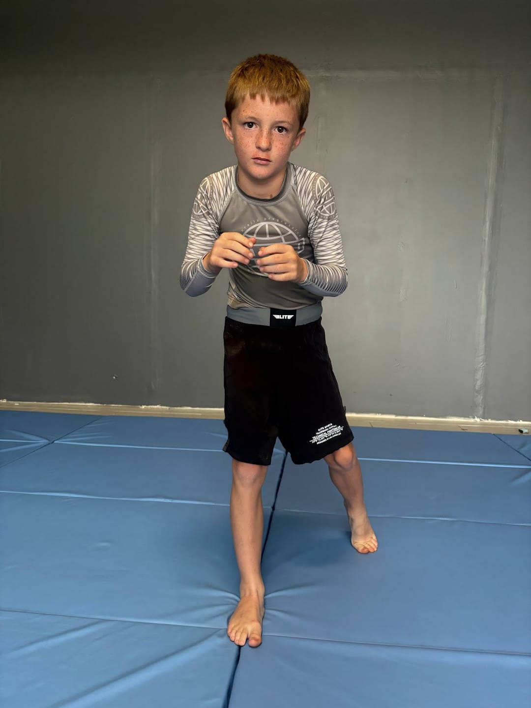Customer photo review of Black Jack Gray No-Gi Kids BJJ Shorts