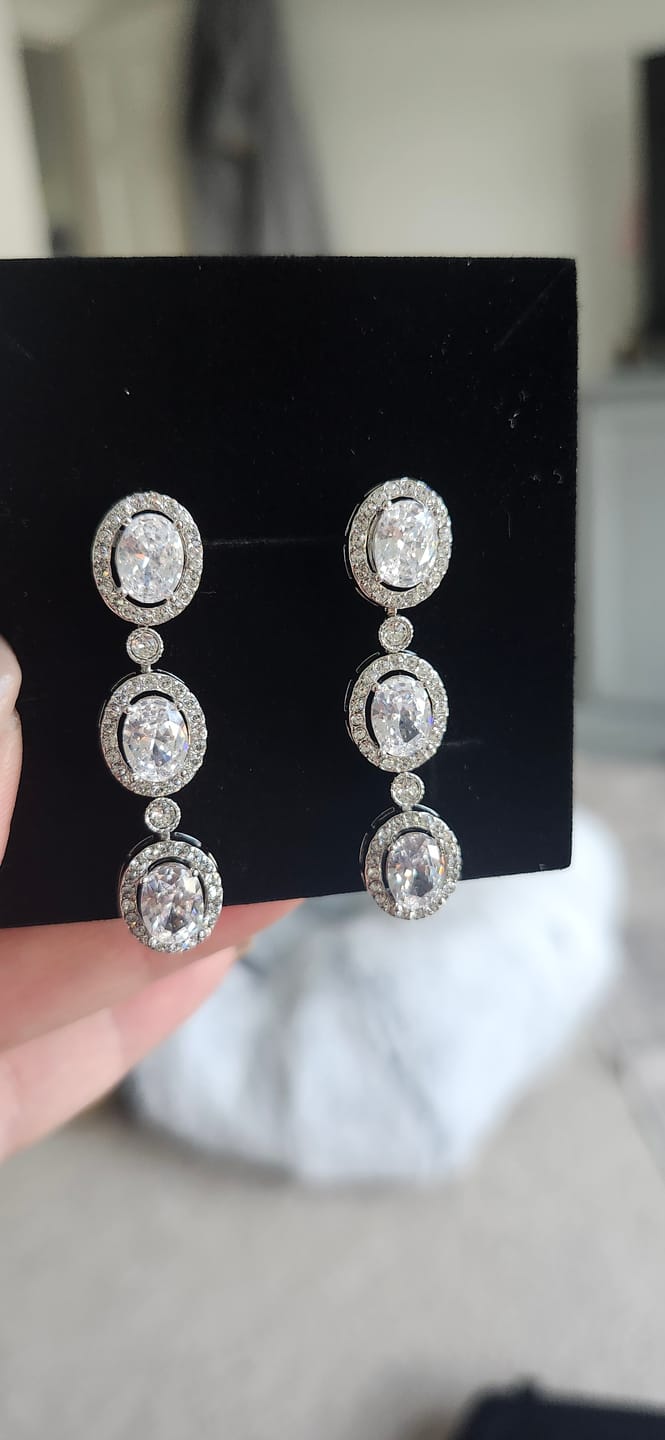 Customer photo review of Lorraine 18k White Gold Plated Dangle Earrings with Simulated Diamond Crystals