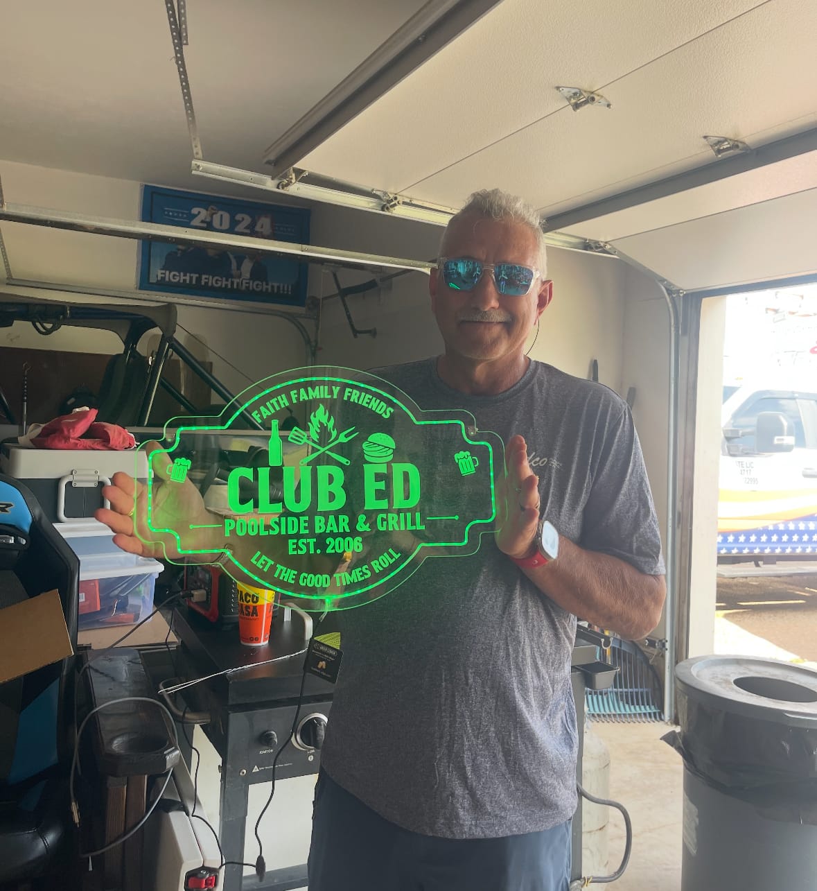 Customer photo review of Personalized LED Color Changing Acrylic Backyard Bar & Grill Burger Sign
