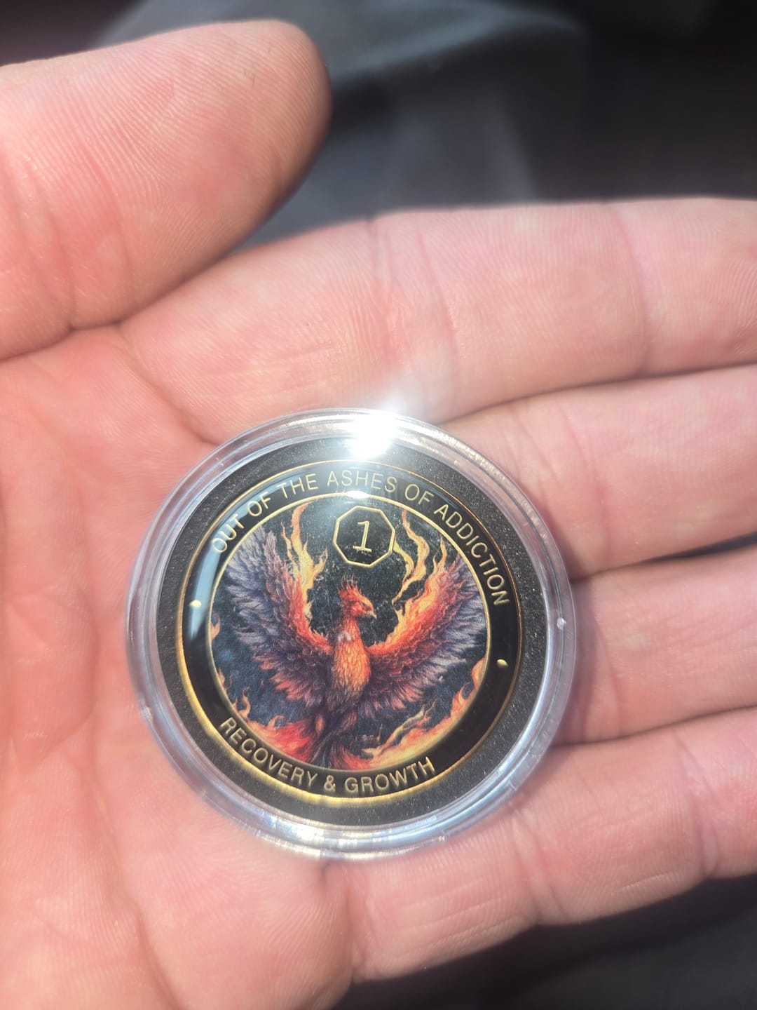Customer photo review of Phoenix Sobriety Affirmation Coin Gift Set