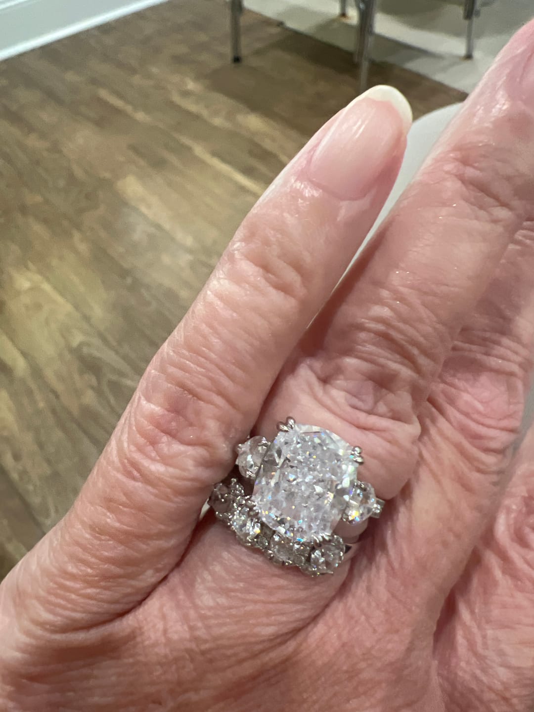 Customer photo review of S925 6.0Ct Cushion Cut Three Stone Engagement Ring Simulated or Moissanite Diamond Bridal Rings For Women