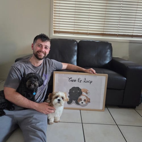 Customer photo review of Custom Hand-Drawn Cartoon Pet Portrait