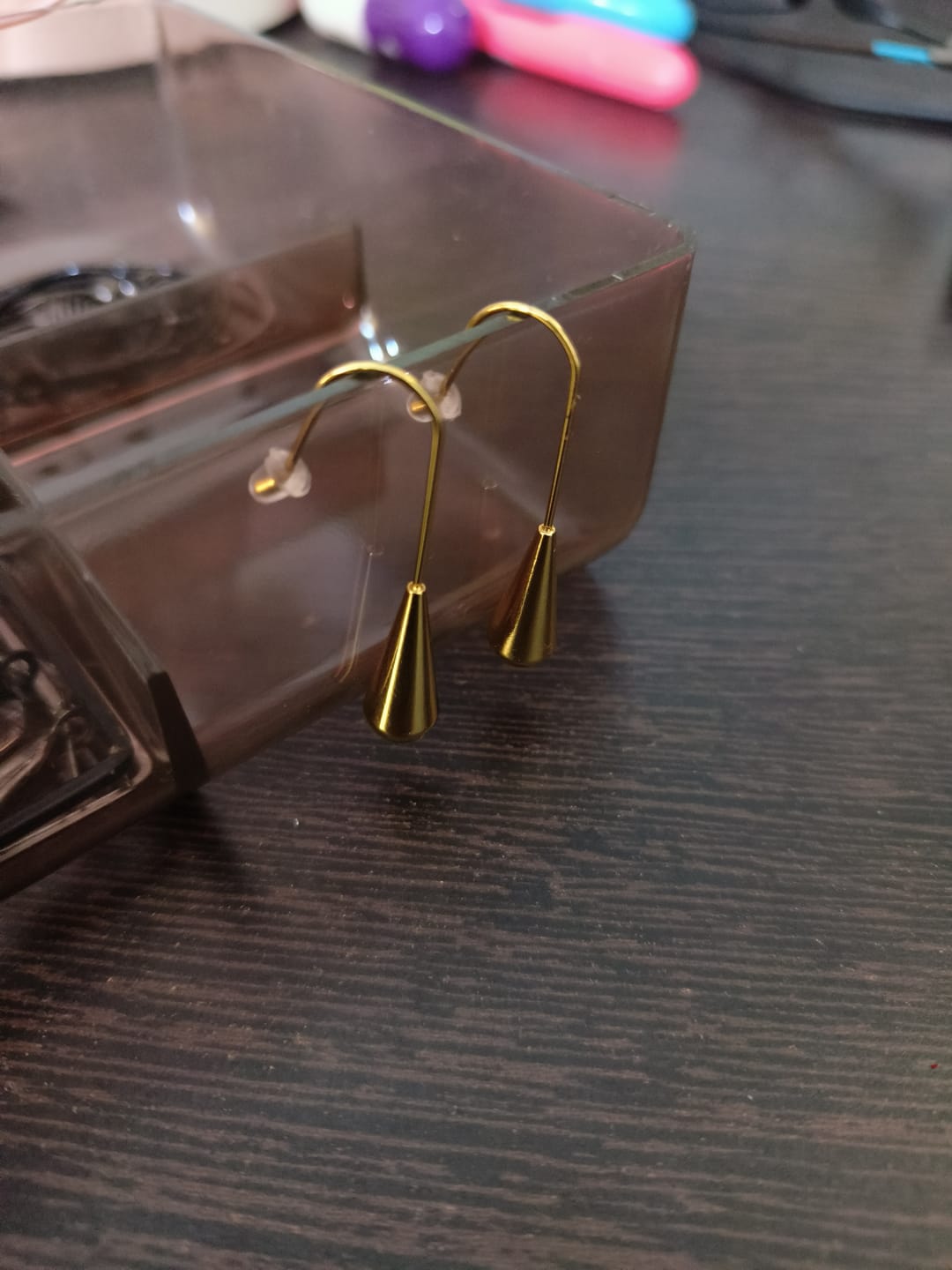 Customer photo review of Long Gold Teardrop Drop Earrings