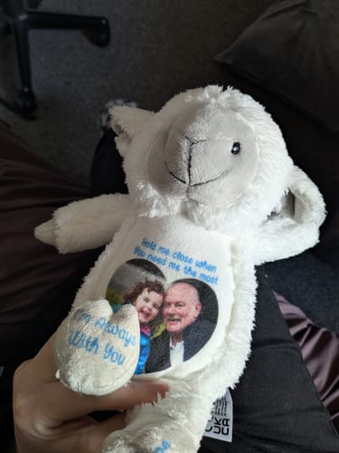 Customer photo review of Design a Personalised Lamb Teddy – Add Your Photo, Name or Message