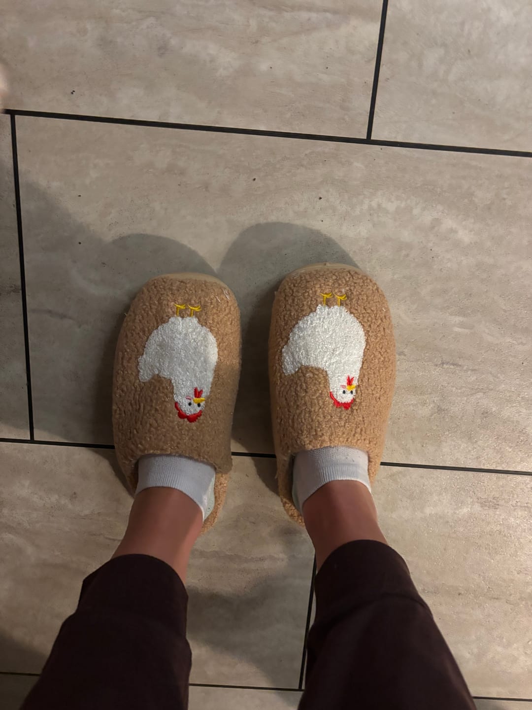 Customer photo review of Brown Fuzzy Chicken Slippers - Adult